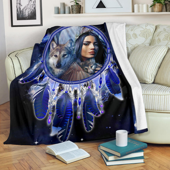 Native Girl Dream Catcher Blue Galaxy Blanket