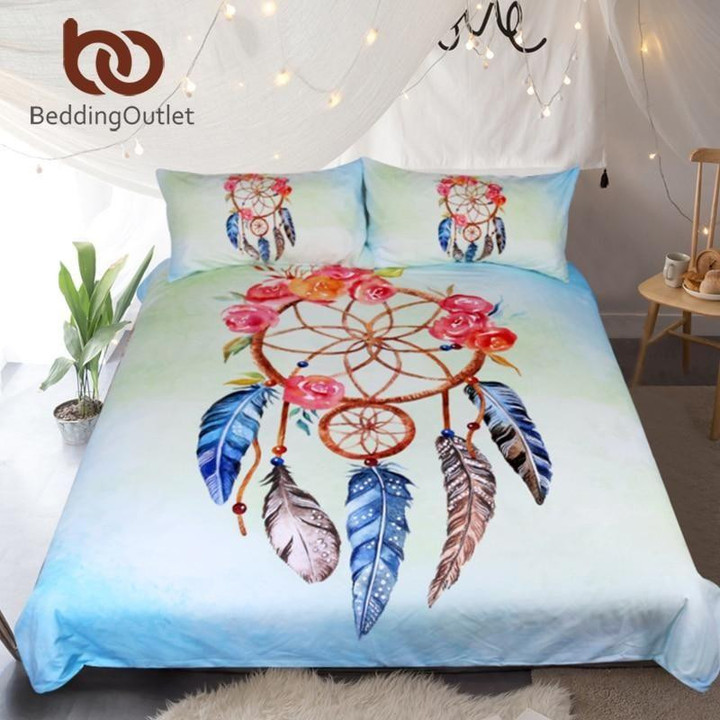 Floral Rose And Blue Feathers Dreamcatcher Native American Bedding Set