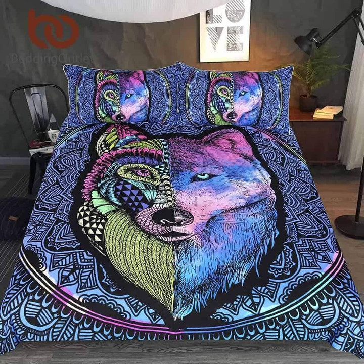 Mandala Colorful Wolf Native Bedding Set Queen