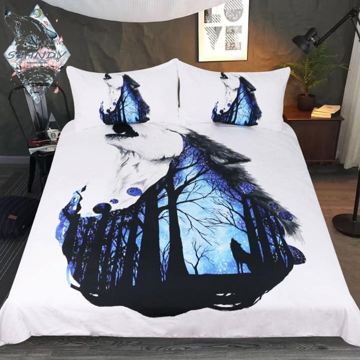 Blue Howling Wolf Native American Bedding Set