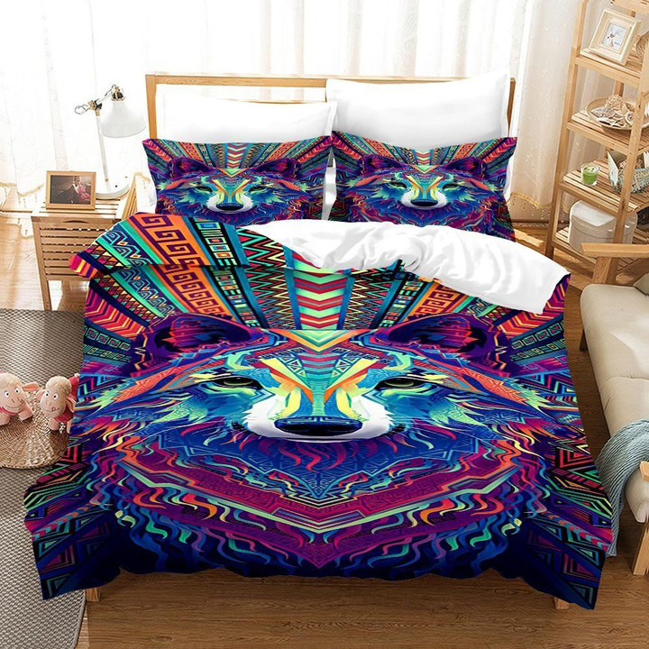 Colorful Tribal Wolf Native American Bedding Sets 01