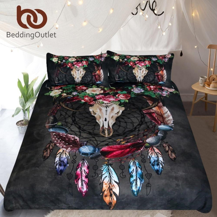 Tribal Horns Flowers Dreamcatcher Native American Bedding Set