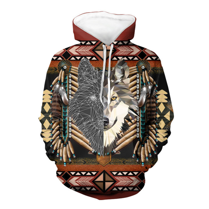 GB-NAT00373 A Half Face Wolf Native 3D Hoodie