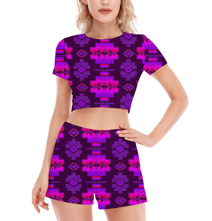 GB-NAT00720-15 Pattern Native Women's Short Sleeve Cropped Top Shorts Suit