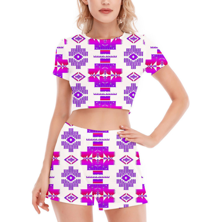 GB-NAT00720-01 Pattern Native Women's Short Sleeve Cropped Top Shorts Suit