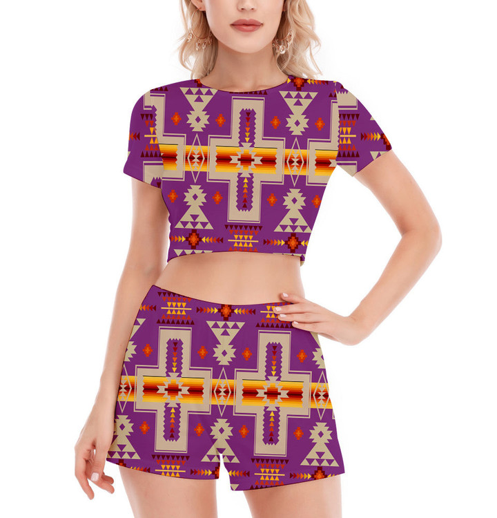 GB-NAT00062-07 Pattern Native Women's Short Sleeve Cropped Top Shorts Suit
