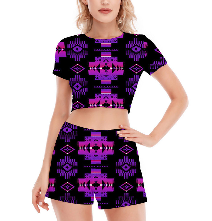 GB-NAT00720 Pattern Native Women's Short Sleeve Cropped Top Shorts Suit