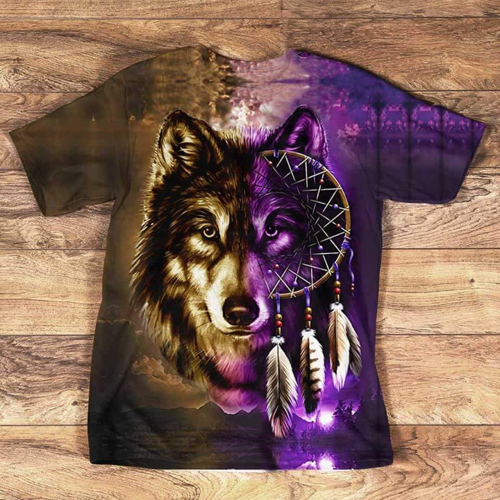 Purple Wolf Dreamcatcher Native American Design 3D Tshirt