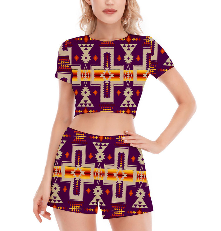 GB-NAT00062-09 Pattern Native Women's Short Sleeve Cropped Top Shorts Suit