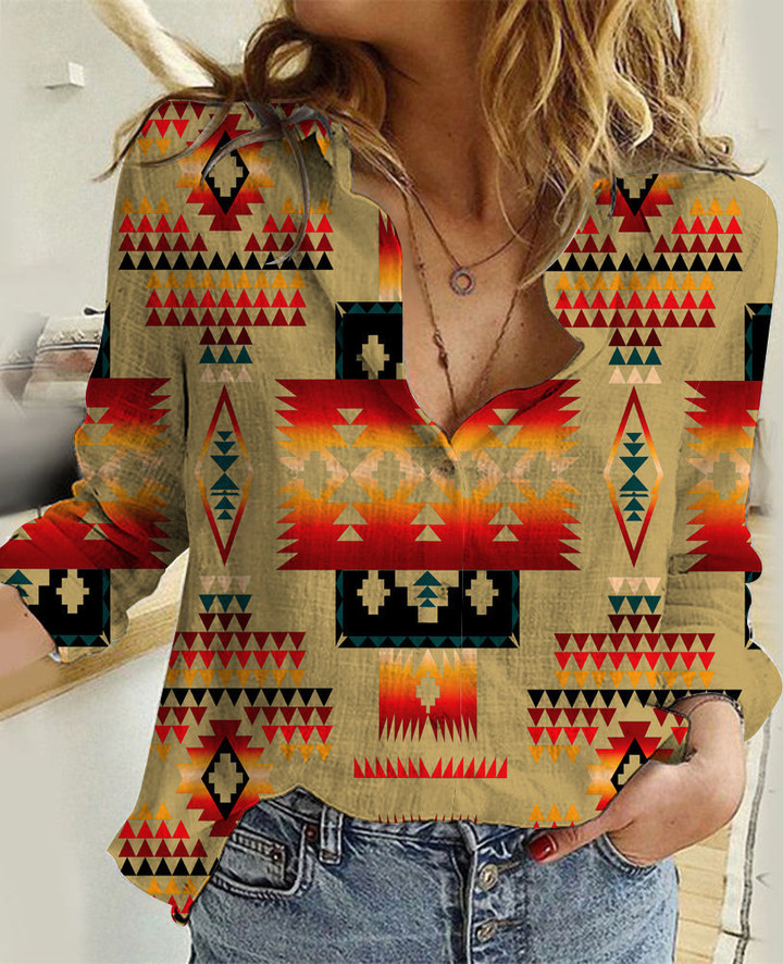 GB-NAT00046-15 Light Brown Tribe Pattern Native American Linen Shirts