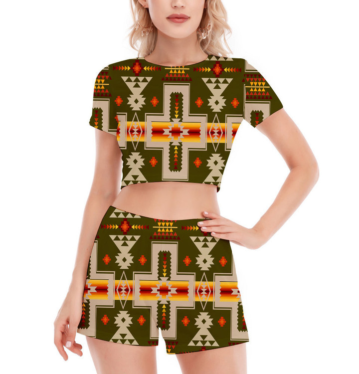GB-NAT00062-12 Pattern Native Women's Short Sleeve Cropped Top Shorts Suit