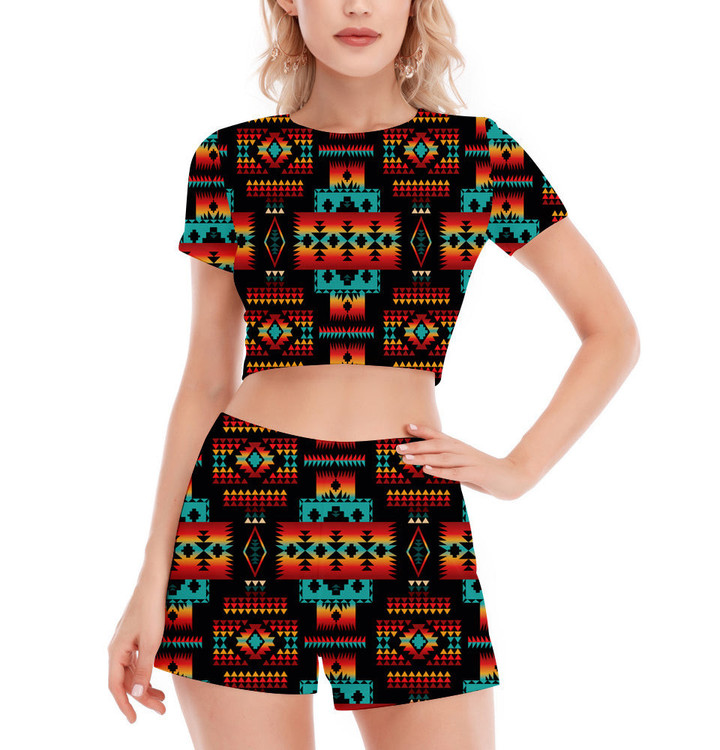 GB-NAT00046-02 Pattern Native Women's Short Sleeve Cropped Top Shorts Suit