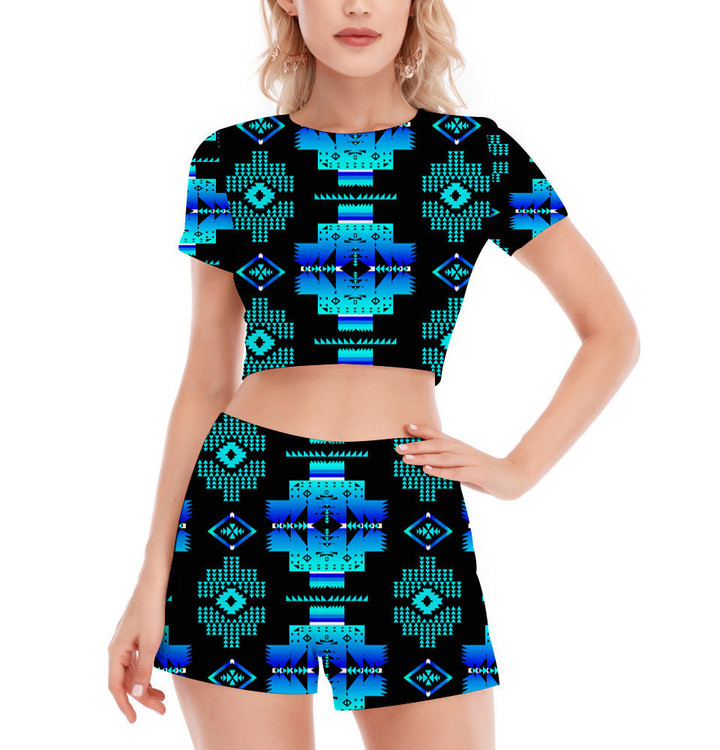GB-NAT00720-04 Pattern Native Women's Short Sleeve Cropped Top Shorts Suit