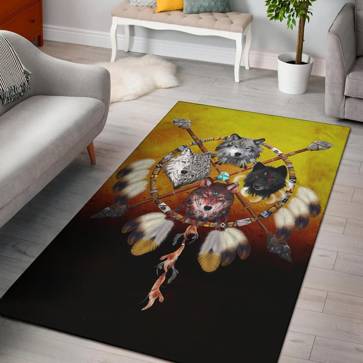 4 Wolves Warriors Native American Design Area Rug