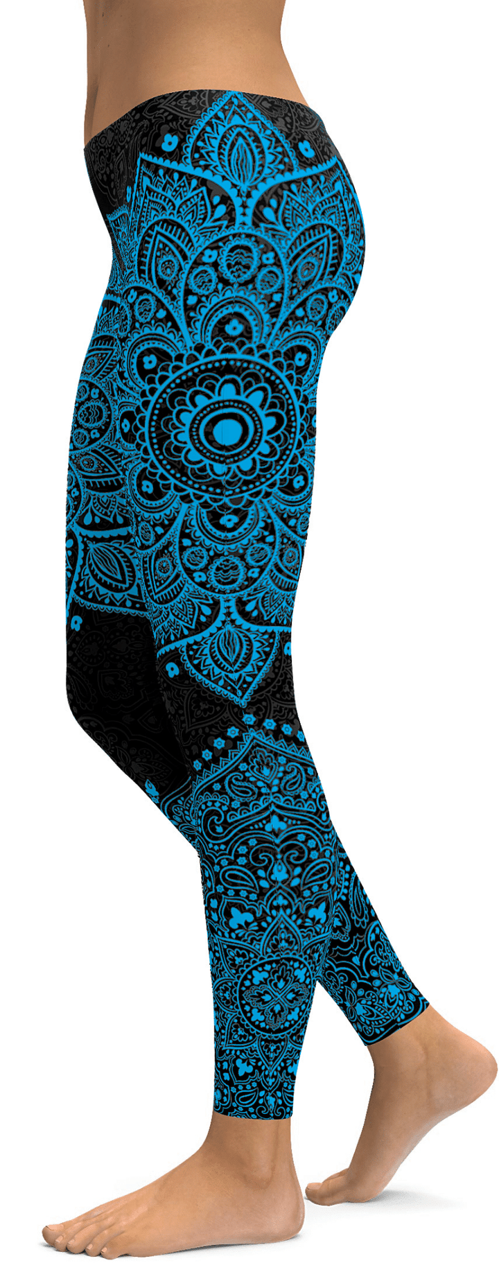 Black and Cyan Blue Mandala High-Waisted Leggings