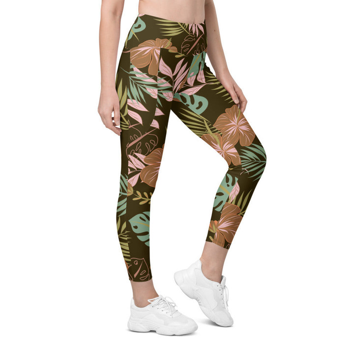 Fall Floral High Waist Leggings with Pockets