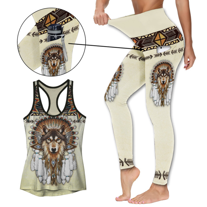 Native American Wolf 7 Activewear Outfit: Racerback Tank Top & High Waist Leggings with Pockets Outfit