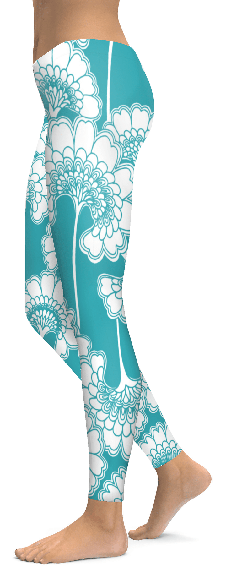 Teal Japanese Floral High-Waisted Leggings