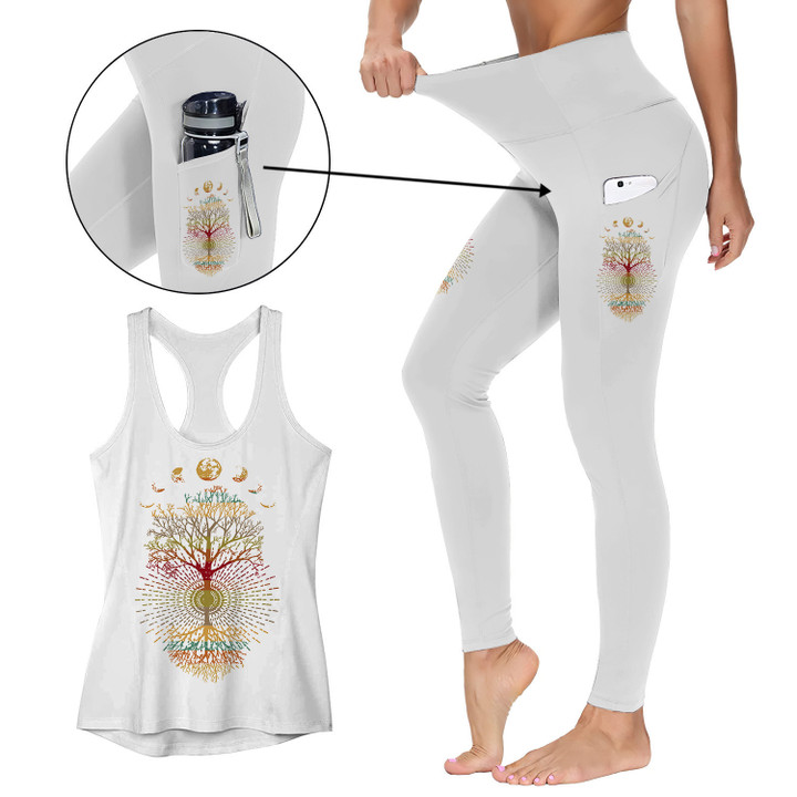 Moon Forest Tree of Life Yoga Activewear Outfit: Racerback Tank Top & High Waist Leggings with Pockets Outfit