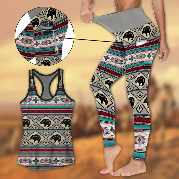 Native American Bear Pattern Activewear Outfit: Racerback Tank Top & High Waist Leggings with Pockets Outfit