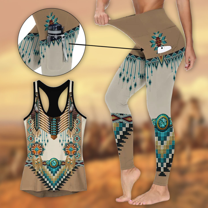 Native American Warrior Chestplate Activewear Outfit: Racerback Tank Top & High Waist Leggings with Pockets Outfit