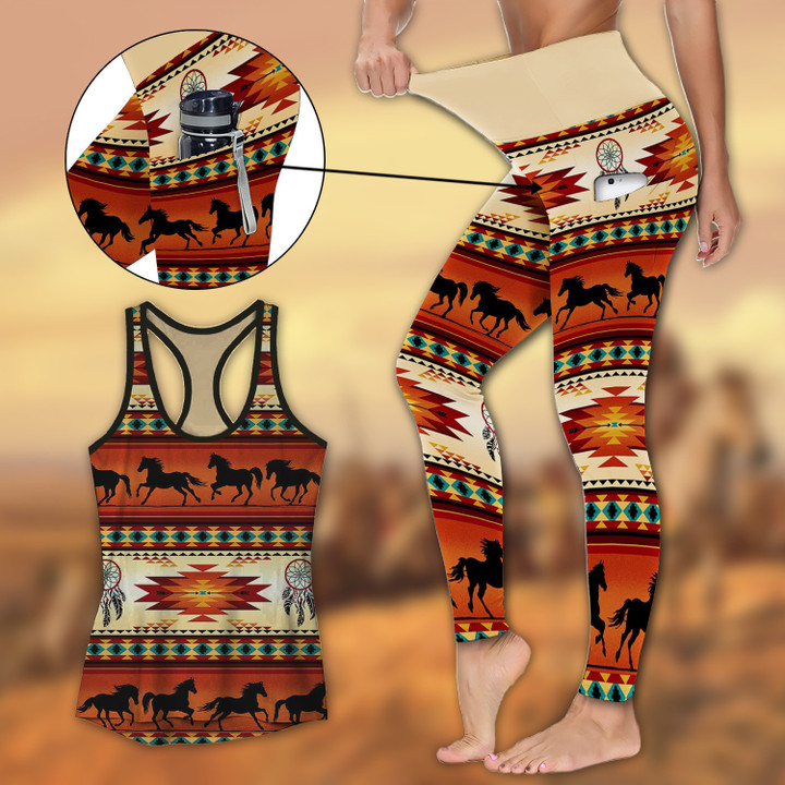 Native American Horses Pattern Activewear Outfit: Racerback Tank Top & High Waist Leggings with Pockets Outfit