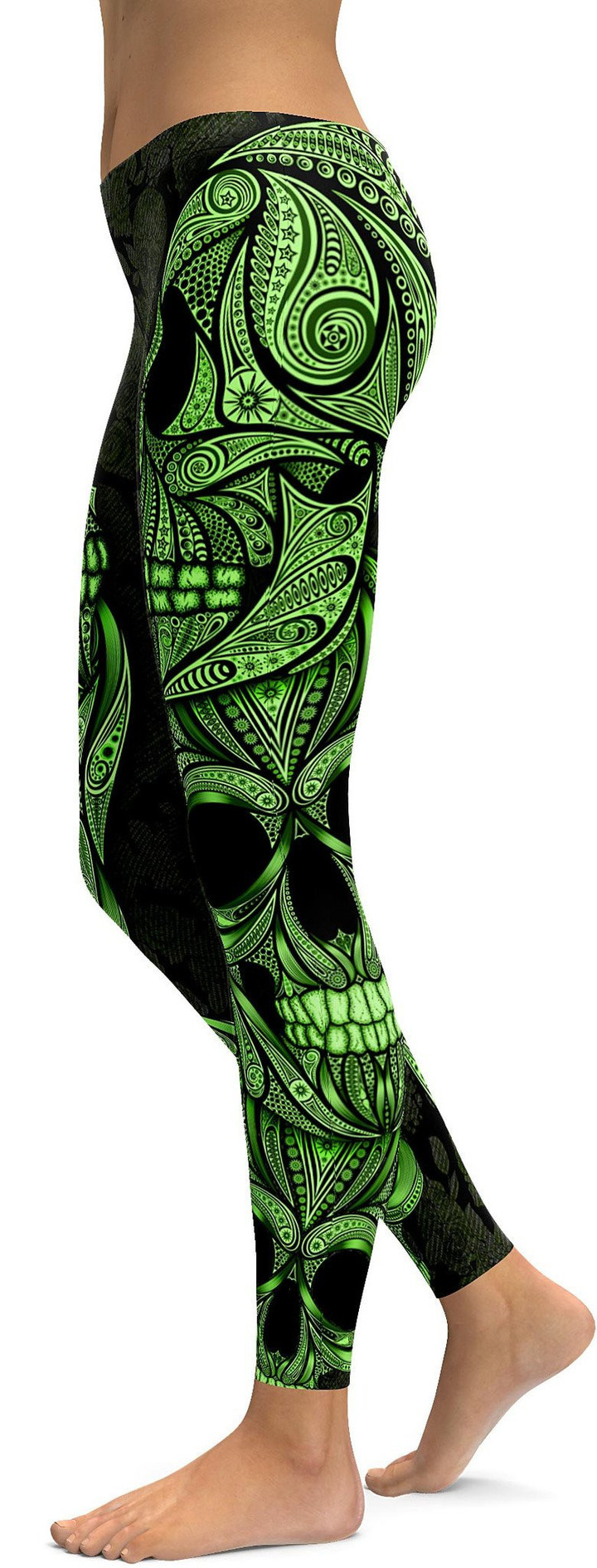 Green Ornamental Skull High-Waisted Leggings