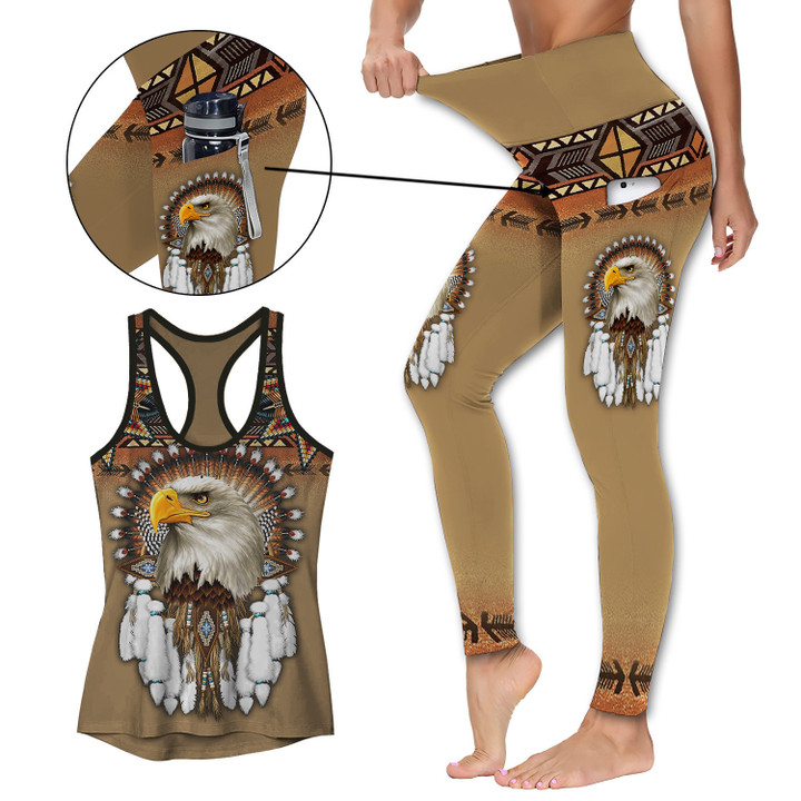 Native American Eagle Tan Activewear Outfit: Racerback Tank Top & High Waist Leggings with Pockets Outfit