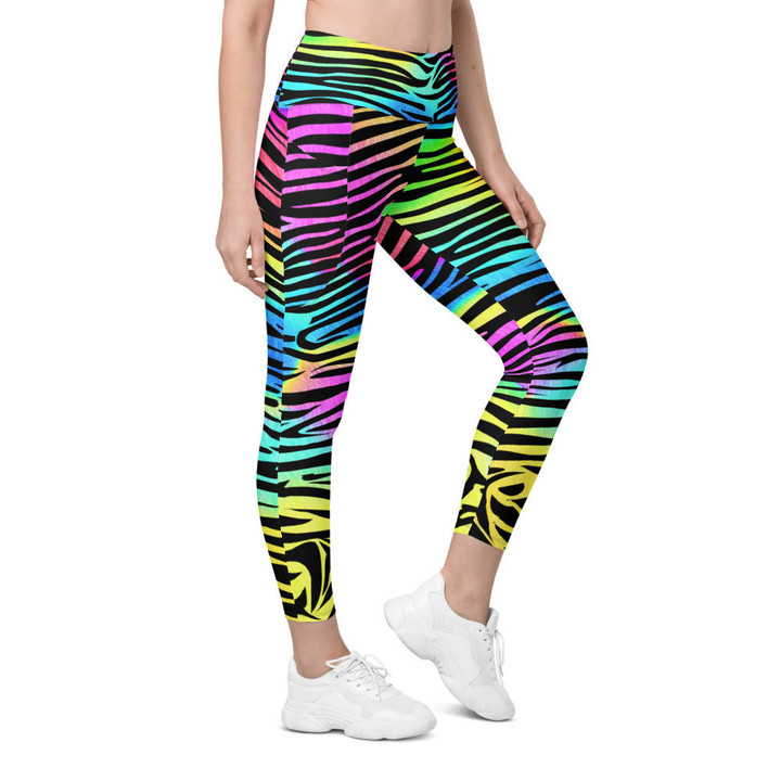 Colorful Zebra Striped High Waist Leggings with Pockets