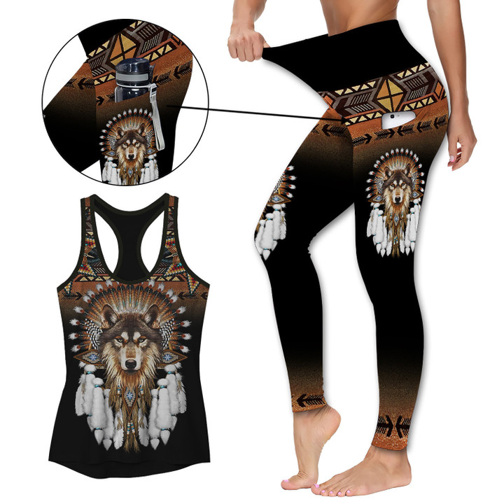 Native American Wolf Black Activewear Outfit: Racerback Tank Top & High Waist Leggings with Pockets Outfit