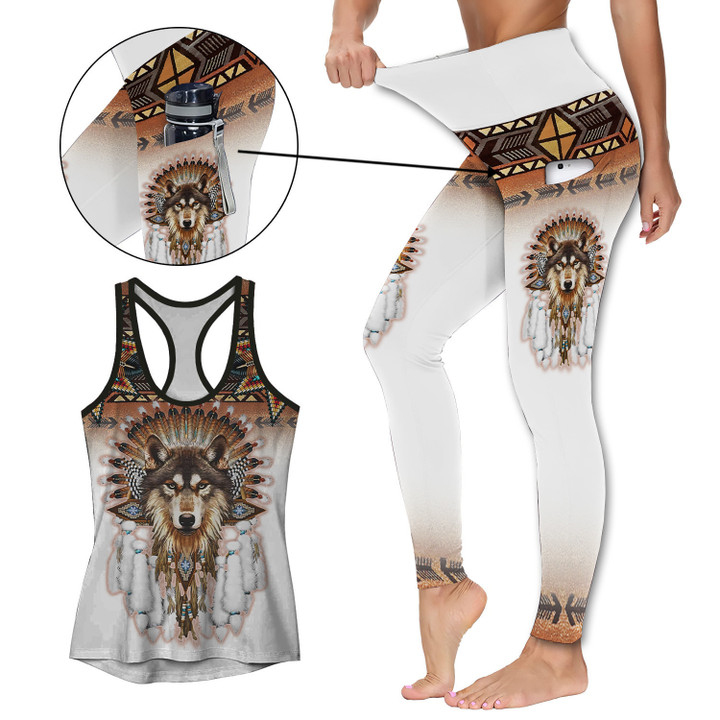 Native American Wolf White Activewear Outfit: Racerback Tank Top & High Waist Leggings with Pockets Outfit