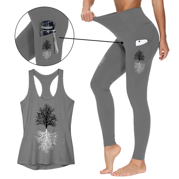 Tree of Life Yoga Activewear Outfit: Racerback Tank Top & High Waist Leggings with Pockets Outfit