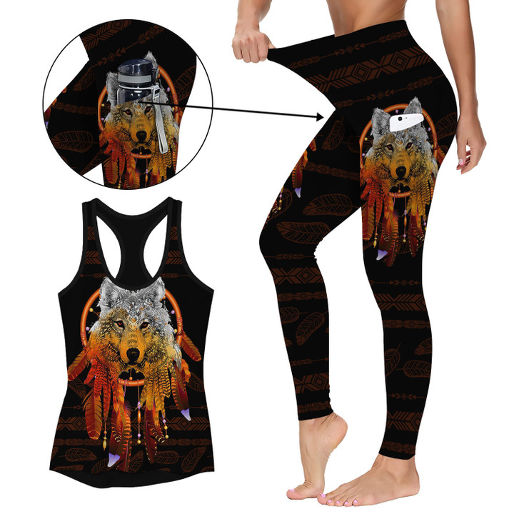 Native American Wolf 5 Activewear Outfit: Racerback Tank Top & High Waist Leggings with Pockets Outfit