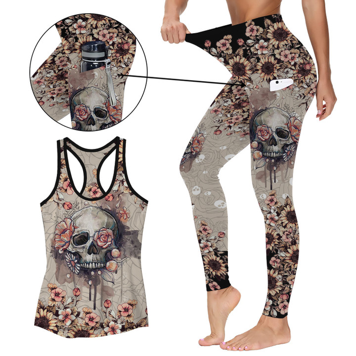 Skull Activewear Outfit: Racerback Tank Top & High Waist Leggings with Pockets
