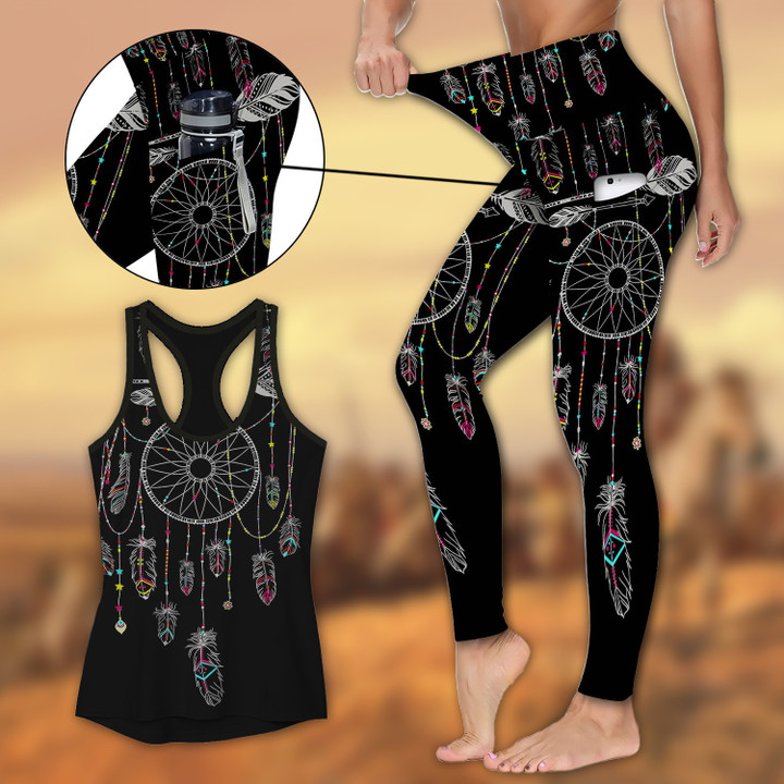 Native American Black Dreamcatcher Activewear Outfit: Racerback Tank Top & High Waist Leggings with Pockets Outfit