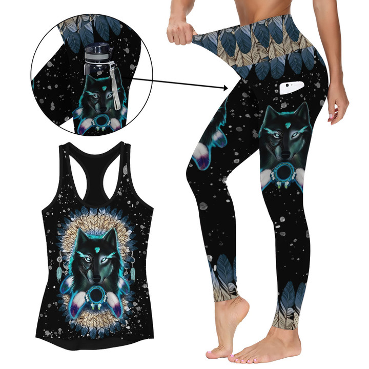 Native American Wolf 4 Activewear Outfit: Racerback Tank Top & High Waist Leggings with Pockets Outfit