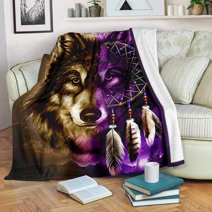 Dreamcatcher Purple Wolf Native American Blanket
