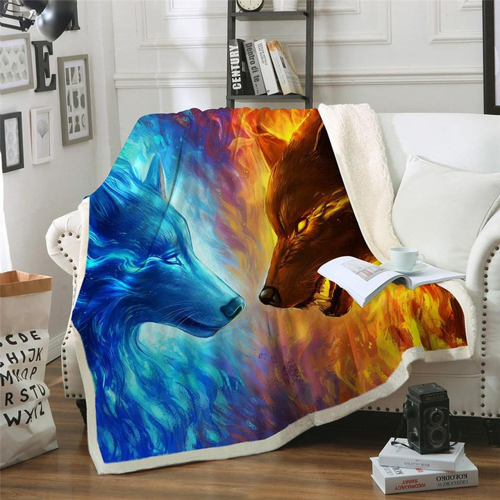Fire Ice Wolves Native American 3D Throw Blanket
