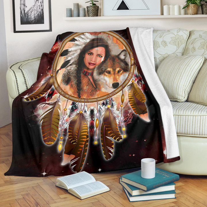 Native Girl Dream Catcher Red Galaxy Blanket