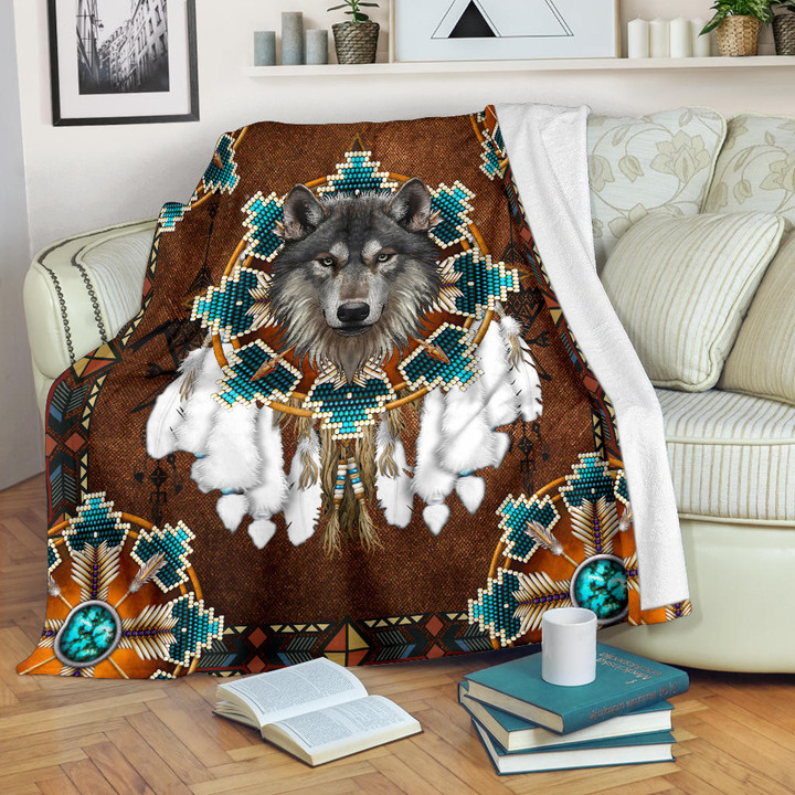 Blue Mandala Feather Wolf Native Blanket