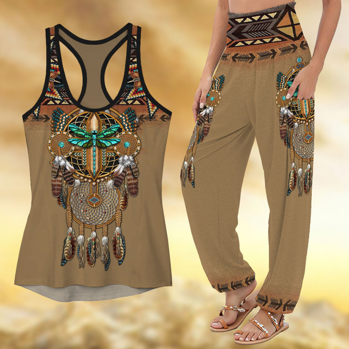Native Dragonfly Feathers Tan Racerback Tank Top & Harem Pants Outfit