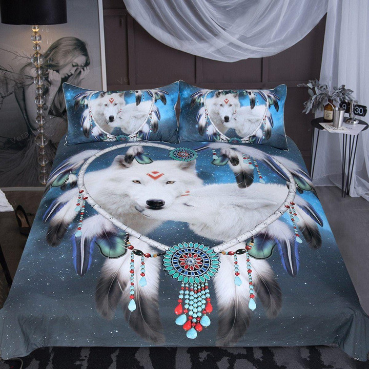White Wolf Couple Dreamcatcher Native American Bedding Set
