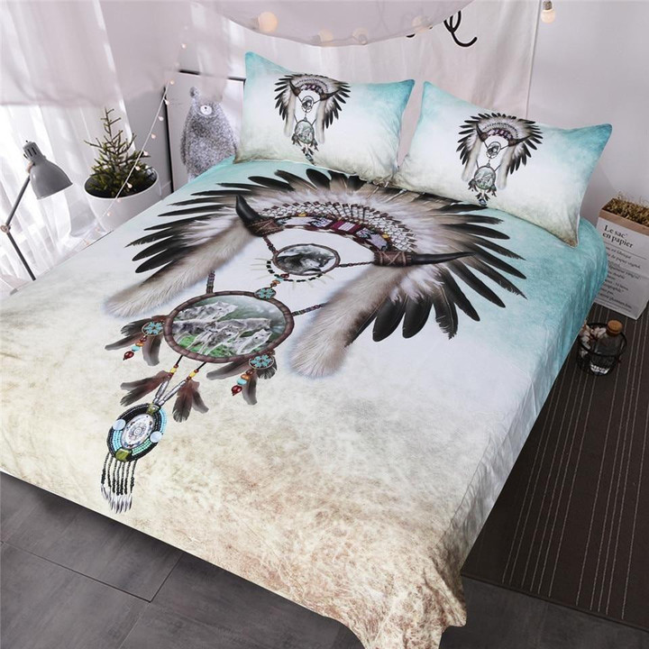Tribal Hat With Wolves Dreamcatcher Native American Bedding Set