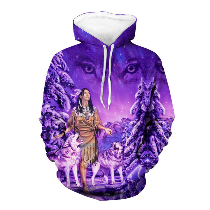 GB-NAT00352 Native Girl And Wolf Purple 3D Hoodie