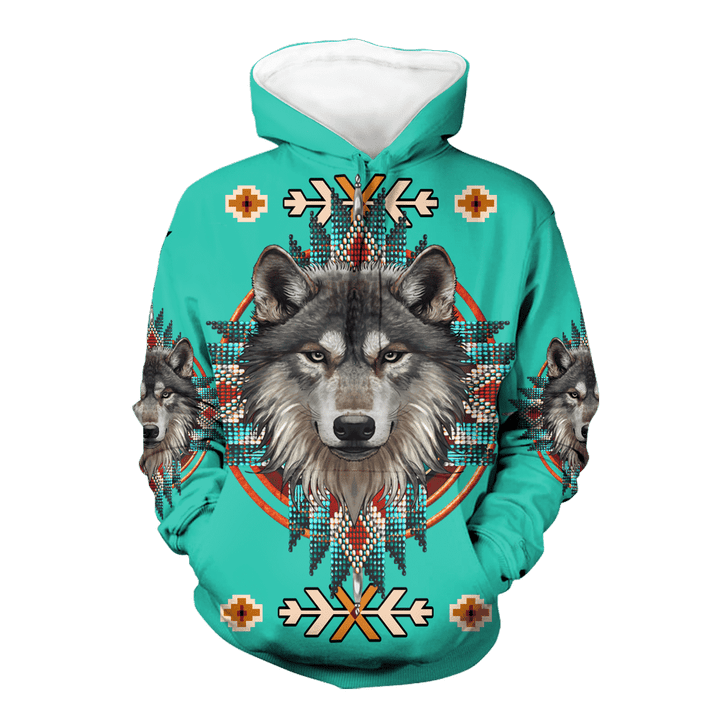 HD00030 Pattern Blue Wolf Native 3D Hoodie