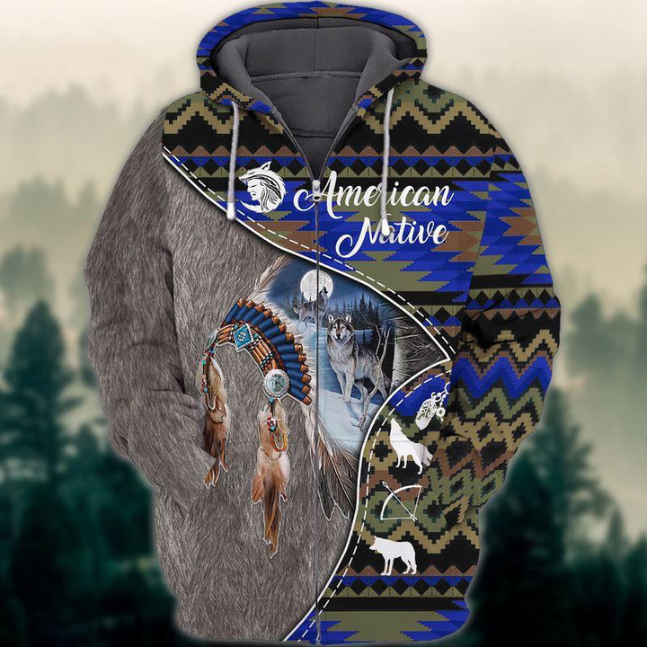 Wolf Warrior Native American Dreamcatcher 3D Zipper Hoodie
