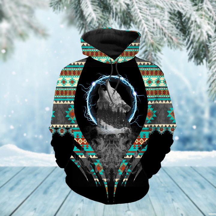 GB-NAT00475-F01 Black And White Howling Wolf 3D Hoodie