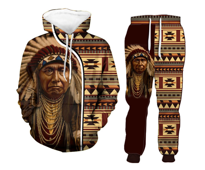 GB-NAT00419 Brown Chief Native Hoodie Long Pants 3D Set