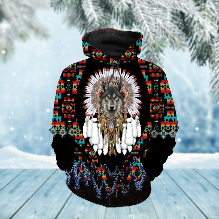 Wolf With Feather Headdress 3D Hoodie