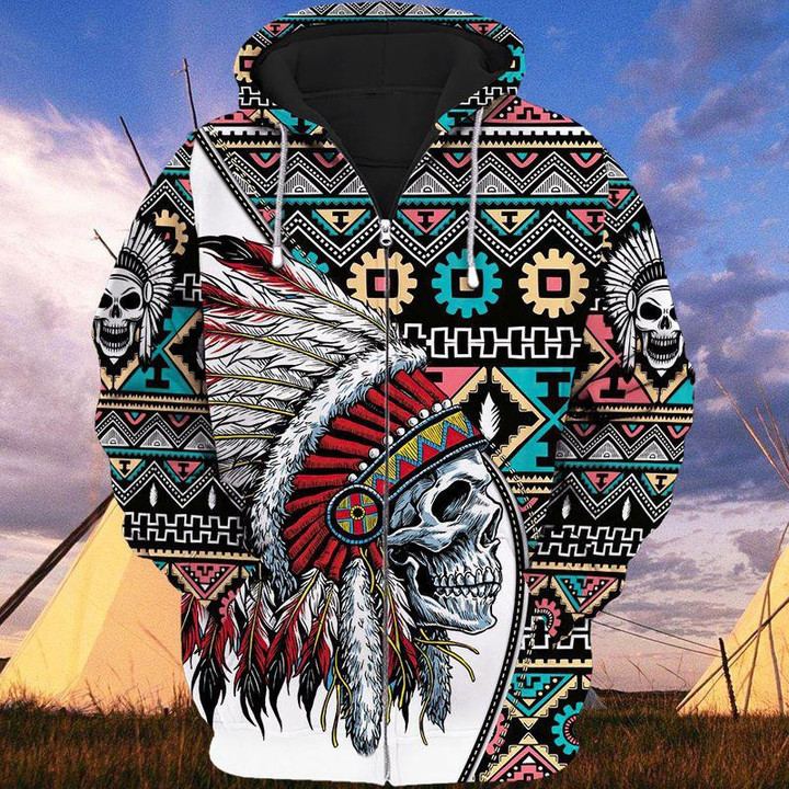 Skull Tribe Indian Native American Pride  3D Zipper Hoodie